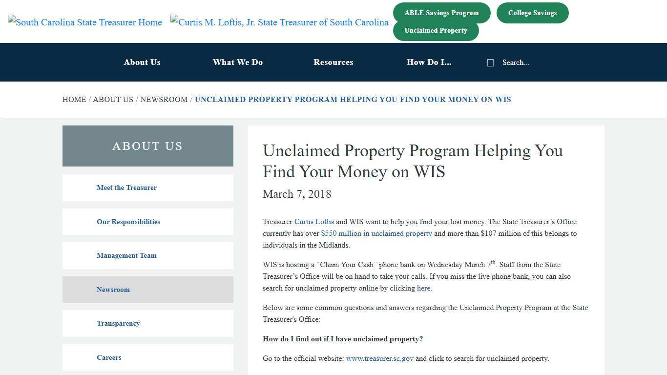 Unclaimed Property Program Helping You Find Your Money on WIS - SC Office of the State Treasurer